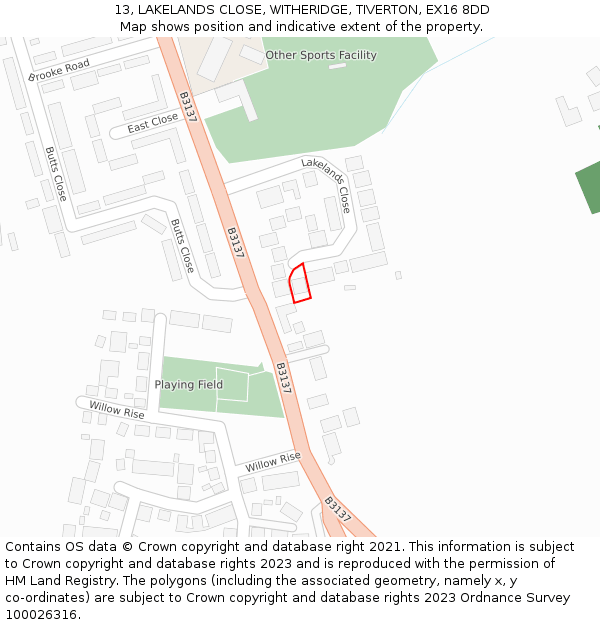 13, LAKELANDS CLOSE, WITHERIDGE, TIVERTON, EX16 8DD: Location map and indicative extent of plot