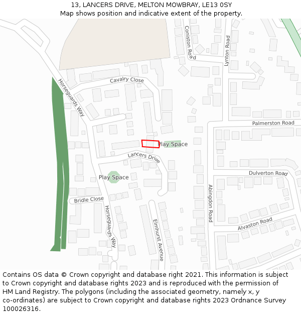 13, LANCERS DRIVE, MELTON MOWBRAY, LE13 0SY: Location map and indicative extent of plot