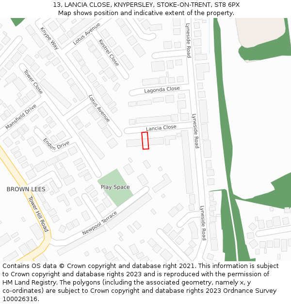 13, LANCIA CLOSE, KNYPERSLEY, STOKE-ON-TRENT, ST8 6PX: Location map and indicative extent of plot