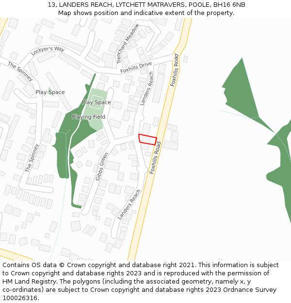 13, LANDERS REACH, LYTCHETT MATRAVERS, POOLE, BH16 6NB: Location map and indicative extent of plot