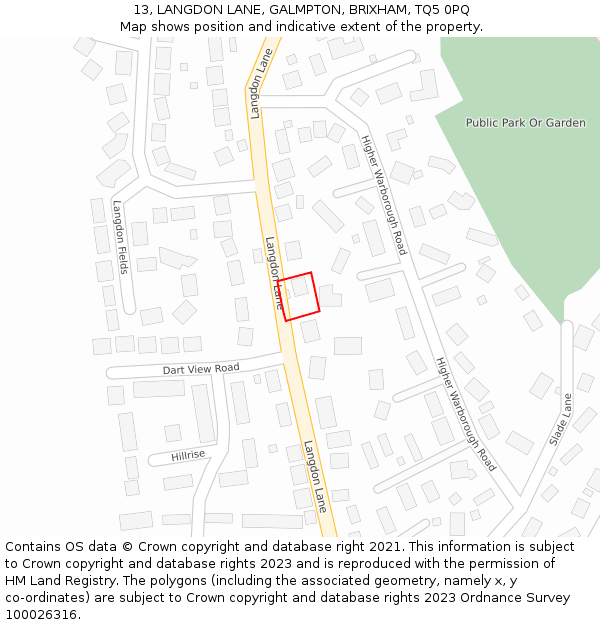 13, LANGDON LANE, GALMPTON, BRIXHAM, TQ5 0PQ: Location map and indicative extent of plot