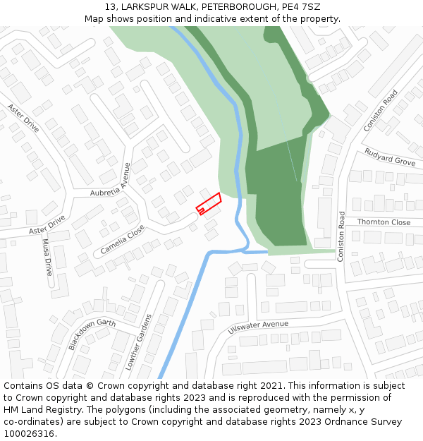 13, LARKSPUR WALK, PETERBOROUGH, PE4 7SZ: Location map and indicative extent of plot