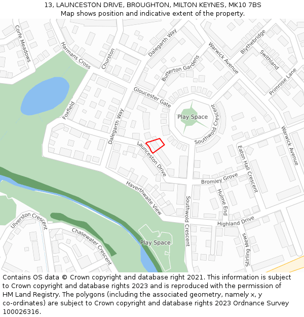 13, LAUNCESTON DRIVE, BROUGHTON, MILTON KEYNES, MK10 7BS: Location map and indicative extent of plot