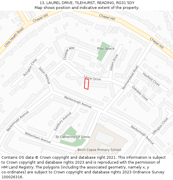 13, LAUREL DRIVE, TILEHURST, READING, RG31 5DY: Location map and indicative extent of plot