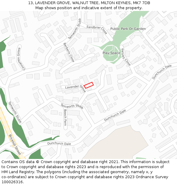 13, LAVENDER GROVE, WALNUT TREE, MILTON KEYNES, MK7 7DB: Location map and indicative extent of plot