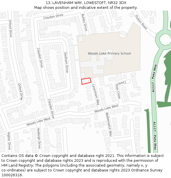 13, LAVENHAM WAY, LOWESTOFT, NR32 3DX: Location map and indicative extent of plot