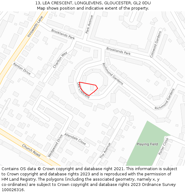 13, LEA CRESCENT, LONGLEVENS, GLOUCESTER, GL2 0DU: Location map and indicative extent of plot
