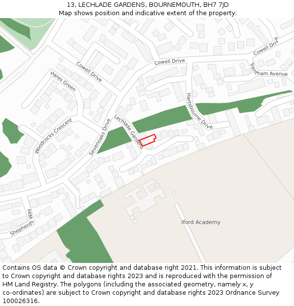 13, LECHLADE GARDENS, BOURNEMOUTH, BH7 7JD: Location map and indicative extent of plot