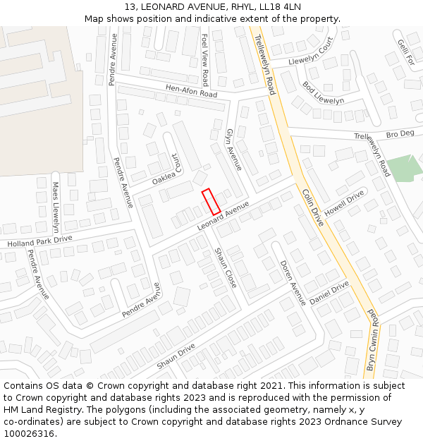 13, LEONARD AVENUE, RHYL, LL18 4LN: Location map and indicative extent of plot