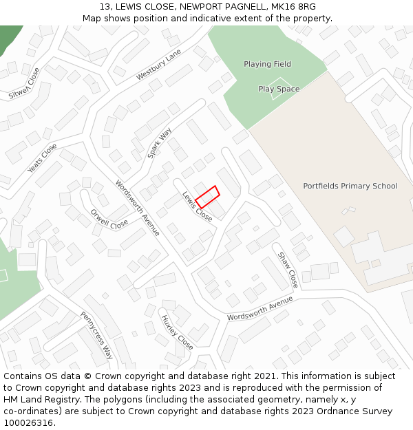 13, LEWIS CLOSE, NEWPORT PAGNELL, MK16 8RG: Location map and indicative extent of plot