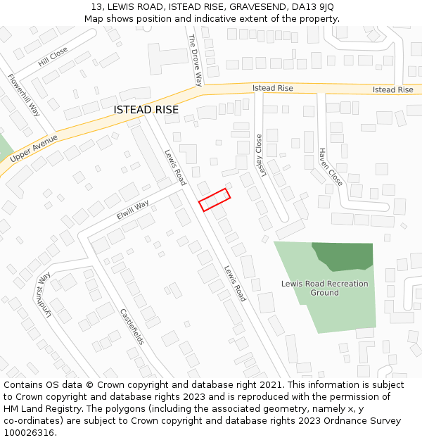 13, LEWIS ROAD, ISTEAD RISE, GRAVESEND, DA13 9JQ: Location map and indicative extent of plot