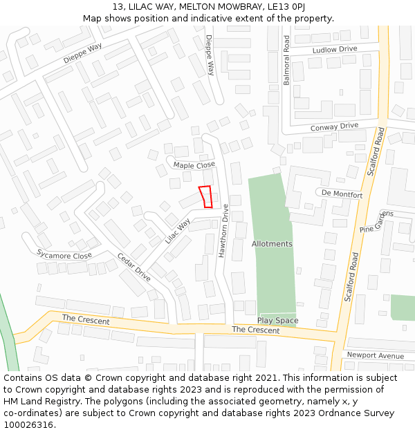 13, LILAC WAY, MELTON MOWBRAY, LE13 0PJ: Location map and indicative extent of plot