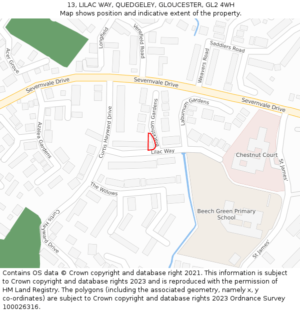 13, LILAC WAY, QUEDGELEY, GLOUCESTER, GL2 4WH: Location map and indicative extent of plot
