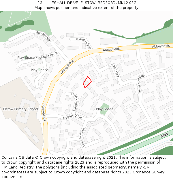 13, LILLESHALL DRIVE, ELSTOW, BEDFORD, MK42 9FG: Location map and indicative extent of plot