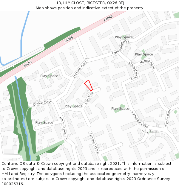 13, LILY CLOSE, BICESTER, OX26 3EJ: Location map and indicative extent of plot