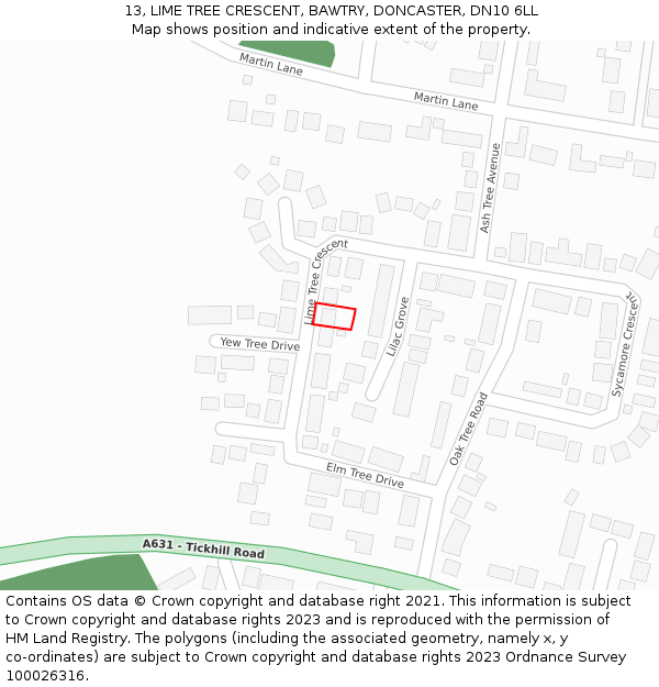 13, LIME TREE CRESCENT, BAWTRY, DONCASTER, DN10 6LL: Location map and indicative extent of plot