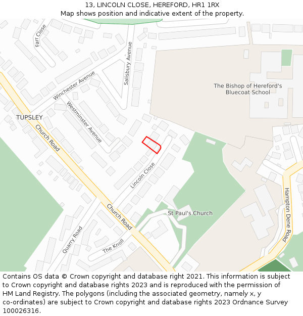 13, LINCOLN CLOSE, HEREFORD, HR1 1RX: Location map and indicative extent of plot