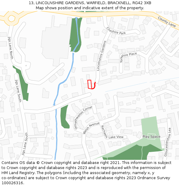 13, LINCOLNSHIRE GARDENS, WARFIELD, BRACKNELL, RG42 3XB: Location map and indicative extent of plot