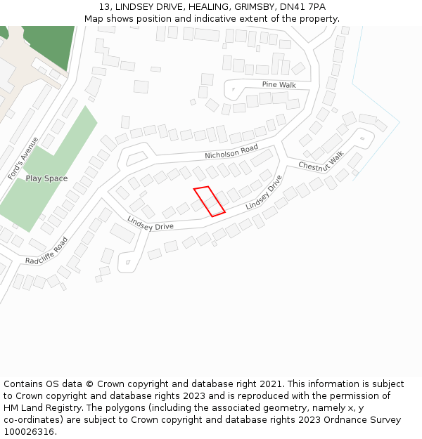 13, LINDSEY DRIVE, HEALING, GRIMSBY, DN41 7PA: Location map and indicative extent of plot