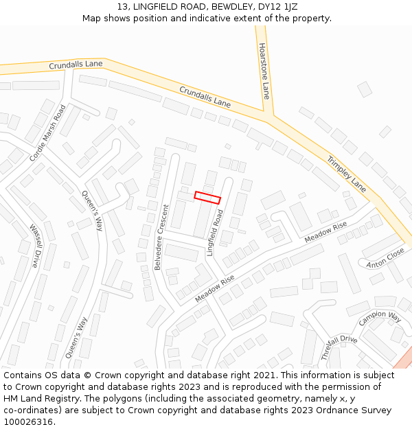 13, LINGFIELD ROAD, BEWDLEY, DY12 1JZ: Location map and indicative extent of plot