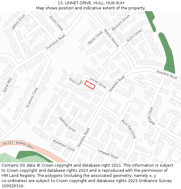 13, LINNET DRIVE, HULL, HU8 9UH: Location map and indicative extent of plot