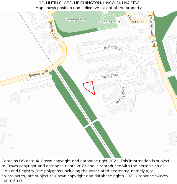 13, LINTIN CLOSE, HEIGHINGTON, LINCOLN, LN4 1RW: Location map and indicative extent of plot