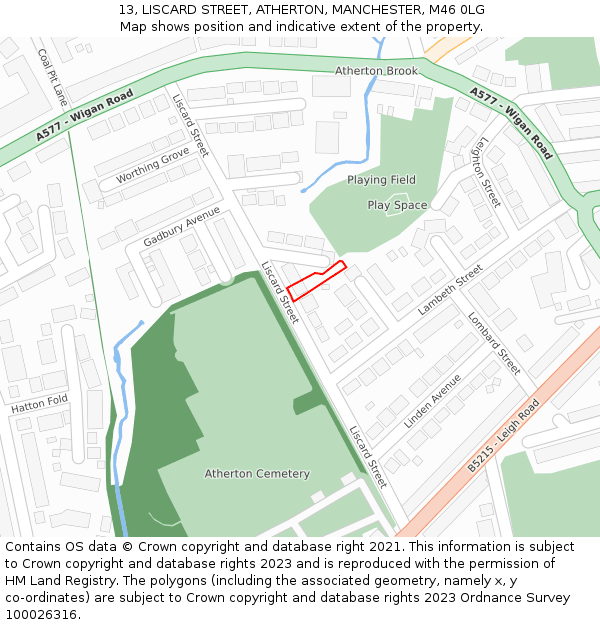 13, LISCARD STREET, ATHERTON, MANCHESTER, M46 0LG: Location map and indicative extent of plot