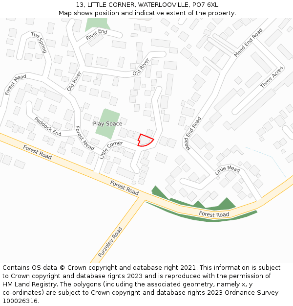 13, LITTLE CORNER, WATERLOOVILLE, PO7 6XL: Location map and indicative extent of plot