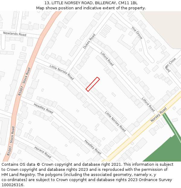 13, LITTLE NORSEY ROAD, BILLERICAY, CM11 1BL: Location map and indicative extent of plot