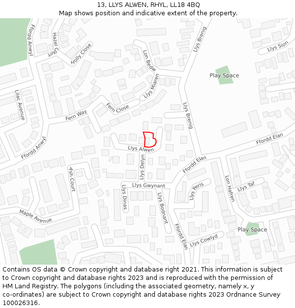 13, LLYS ALWEN, RHYL, LL18 4BQ: Location map and indicative extent of plot