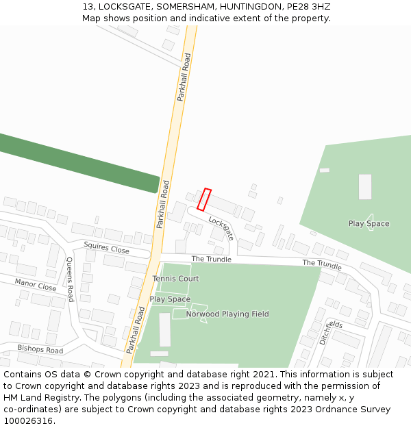 13, LOCKSGATE, SOMERSHAM, HUNTINGDON, PE28 3HZ: Location map and indicative extent of plot