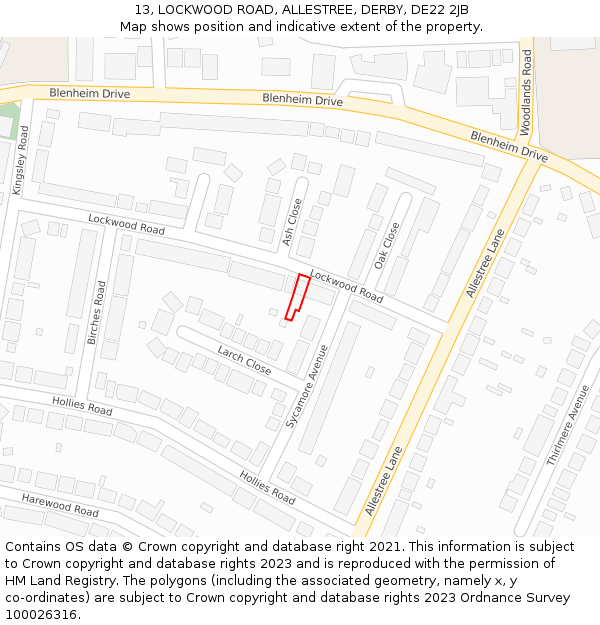 13, LOCKWOOD ROAD, ALLESTREE, DERBY, DE22 2JB: Location map and indicative extent of plot