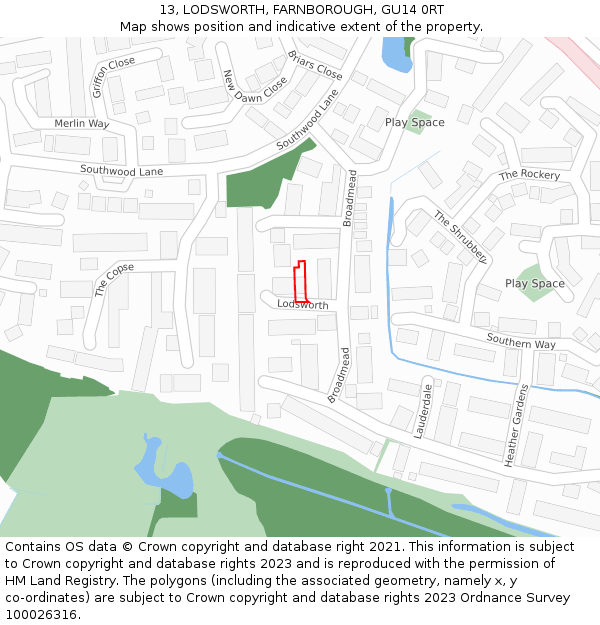 13, LODSWORTH, FARNBOROUGH, GU14 0RT: Location map and indicative extent of plot