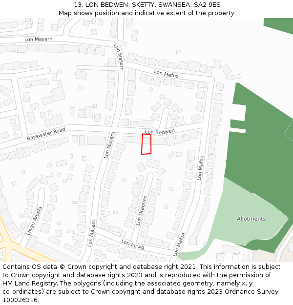 13, LON BEDWEN, SKETTY, SWANSEA, SA2 9ES: Location map and indicative extent of plot