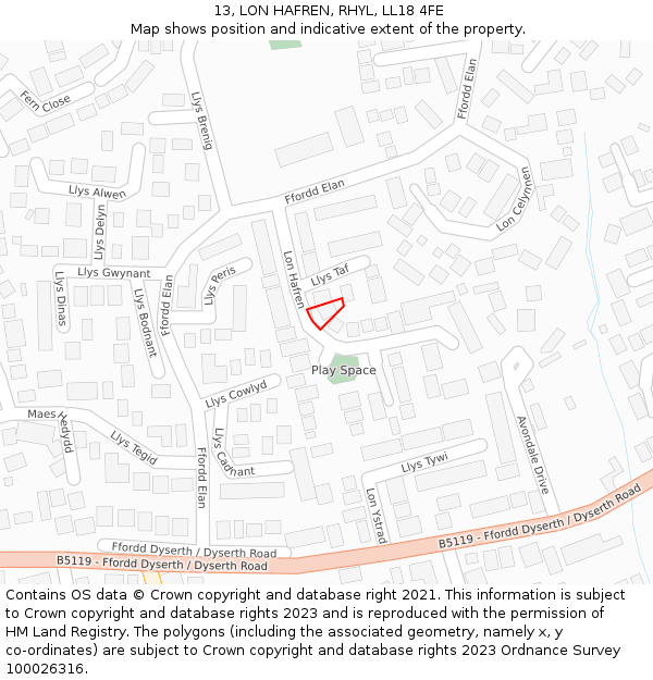 13, LON HAFREN, RHYL, LL18 4FE: Location map and indicative extent of plot