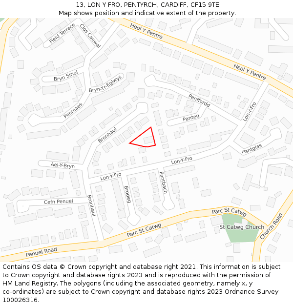 13, LON Y FRO, PENTYRCH, CARDIFF, CF15 9TE: Location map and indicative extent of plot