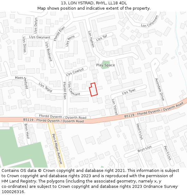 13, LON YSTRAD, RHYL, LL18 4DL: Location map and indicative extent of plot