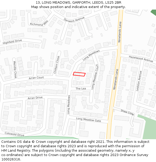 13, LONG MEADOWS, GARFORTH, LEEDS, LS25 2BR: Location map and indicative extent of plot