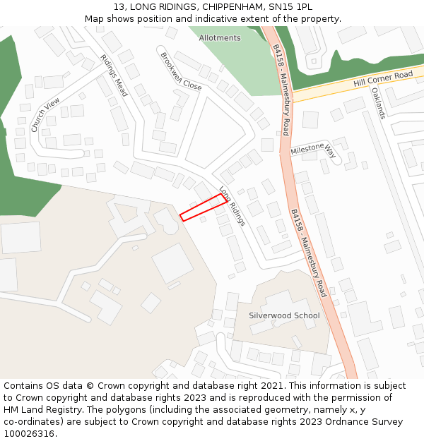 13, LONG RIDINGS, CHIPPENHAM, SN15 1PL: Location map and indicative extent of plot