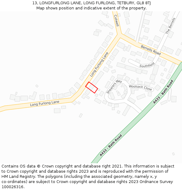 13, LONGFURLONG LANE, LONG FURLONG, TETBURY, GL8 8TJ: Location map and indicative extent of plot