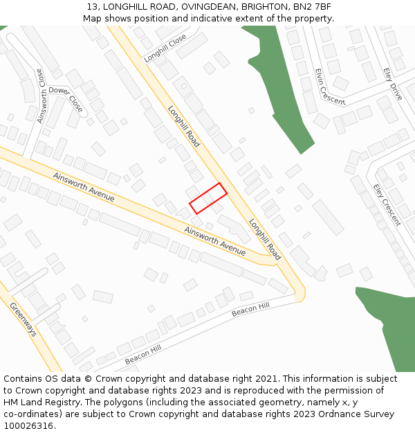 13, LONGHILL ROAD, OVINGDEAN, BRIGHTON, BN2 7BF: Location map and indicative extent of plot