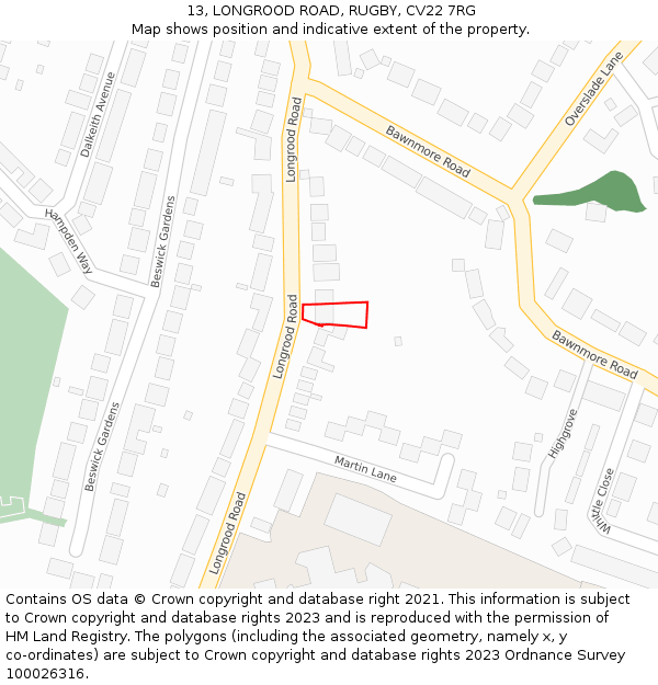 13, LONGROOD ROAD, RUGBY, CV22 7RG: Location map and indicative extent of plot