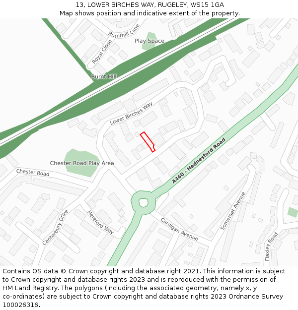 13, LOWER BIRCHES WAY, RUGELEY, WS15 1GA: Location map and indicative extent of plot