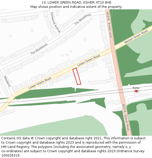 13, LOWER GREEN ROAD, ESHER, KT10 8HE: Location map and indicative extent of plot