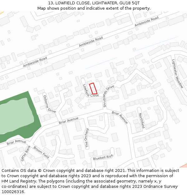 13, LOWFIELD CLOSE, LIGHTWATER, GU18 5QT: Location map and indicative extent of plot