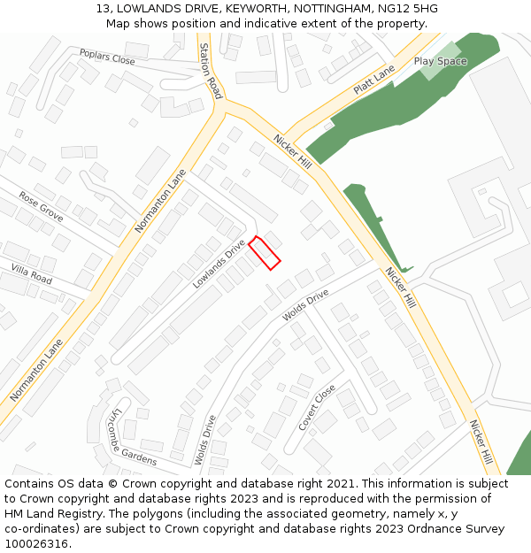 13, LOWLANDS DRIVE, KEYWORTH, NOTTINGHAM, NG12 5HG: Location map and indicative extent of plot