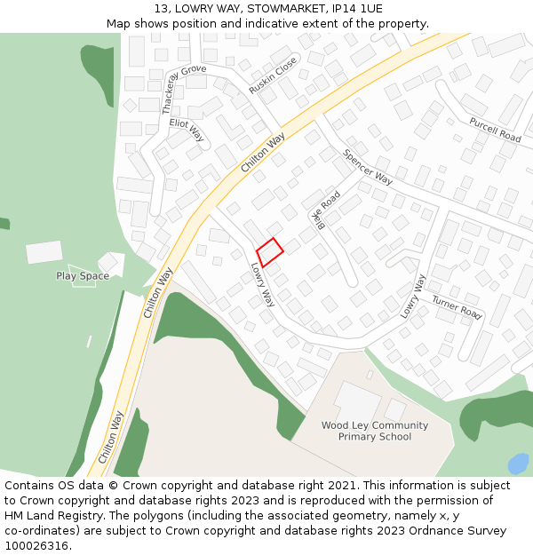 13, LOWRY WAY, STOWMARKET, IP14 1UE: Location map and indicative extent of plot