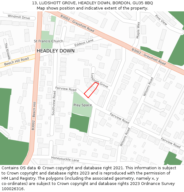 13, LUDSHOTT GROVE, HEADLEY DOWN, BORDON, GU35 8BQ: Location map and indicative extent of plot