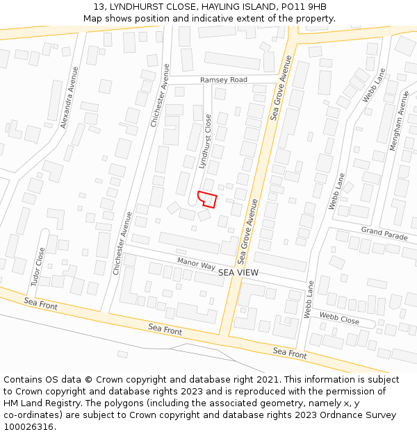 13, LYNDHURST CLOSE, HAYLING ISLAND, PO11 9HB: Location map and indicative extent of plot