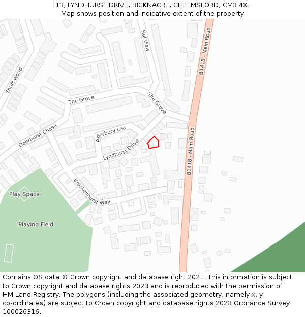 13, LYNDHURST DRIVE, BICKNACRE, CHELMSFORD, CM3 4XL: Location map and indicative extent of plot